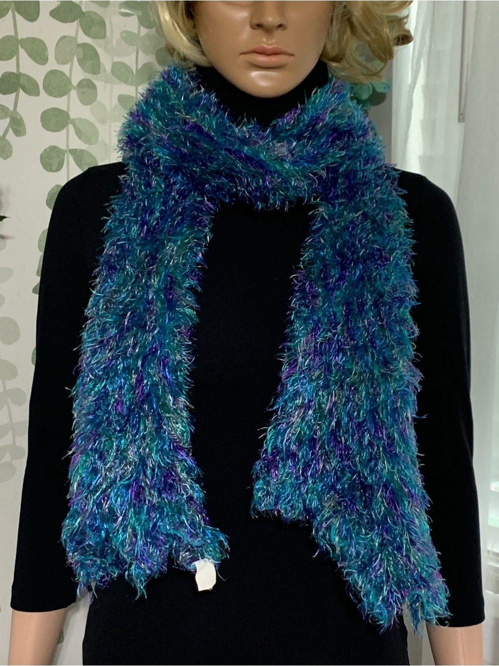 Sz OS Plush Fuzzy Multicolor Scarf - Blue Purple Cream